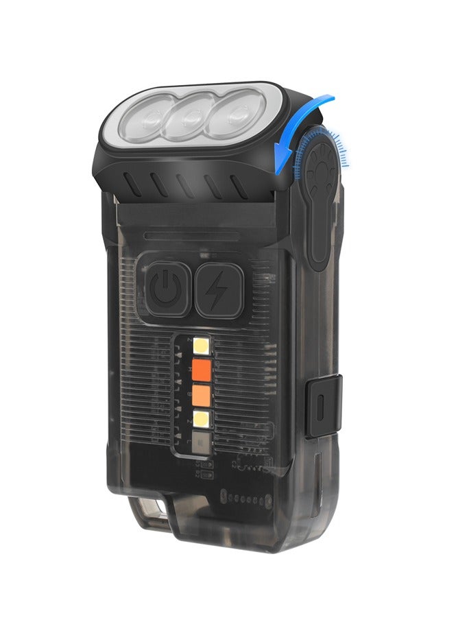 V15 LED Keychain EDC Fluorescence Flashlight Clip Warm Work Light Type-C Rechargeable Torch Magnet Camping Pocket Lantern (Black)
