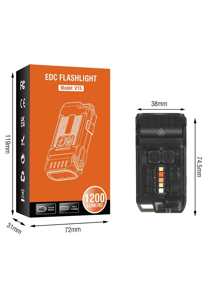 V15 LED Keychain EDC Fluorescence Flashlight Clip Warm Work Light Type-C Rechargeable Torch Magnet Camping Pocket Lantern (Black)