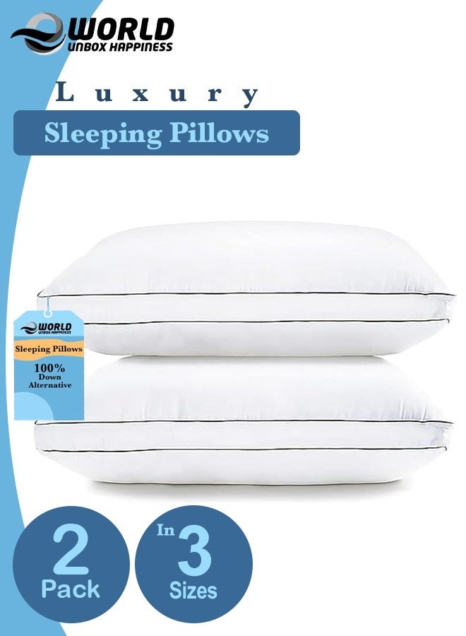 Set of 2 Premium Down Alternative Filled Bed Pillows in White with Breathable Cover, Double Piping, and Plush Bounce-Back Design, Hypoallergenic, Luxurious Hotel Quality, Available in 3 Sizes