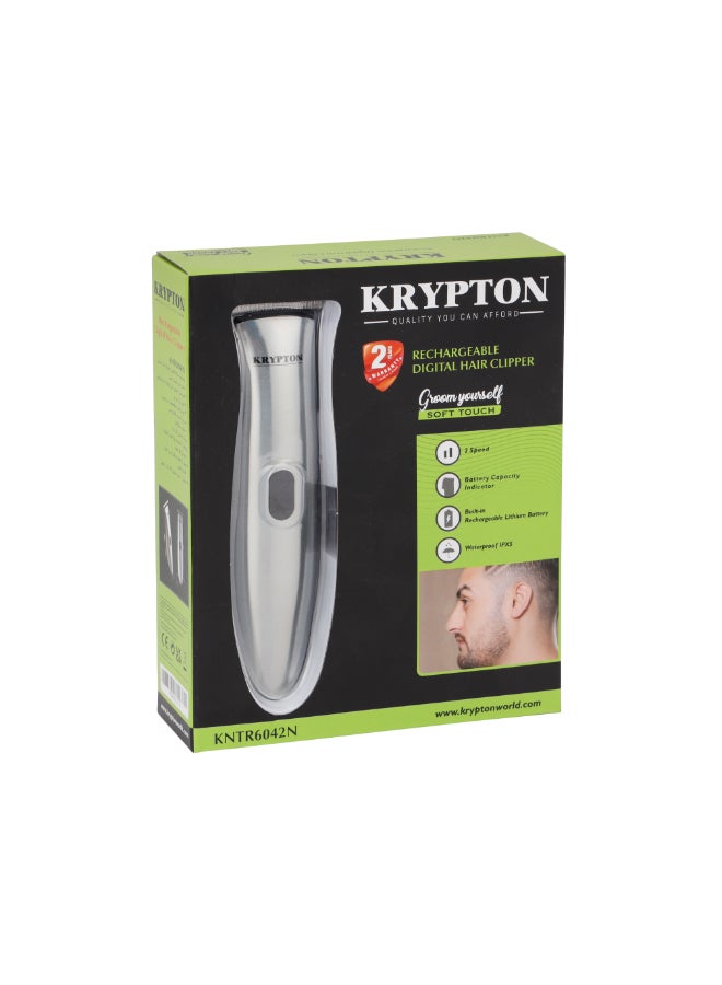 Rechargeable Digital Hair Clipper, Soft Touch, 2 Speed, Battery capacity Indicator, Built In Rechargeable Lithium Battery, waterproof Silver