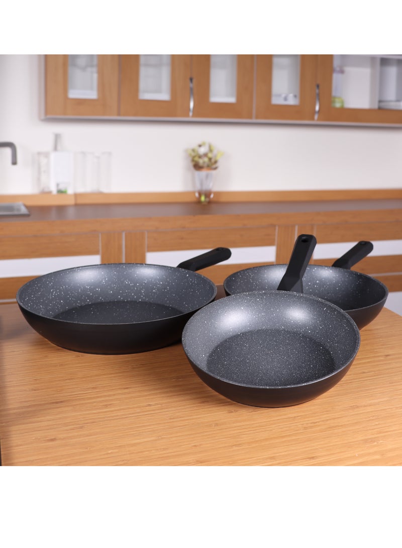 3 Pieces Non-Stick Granite Frying Pans, Non-Toxic Granite Cookware Set, 20cm 24cm 28cm Frying Pan Set with Induction Base, Cooking Skillet for Stir Fries, Dishwasher Safe, PFOA Free, Serenk Excellence Pan Series