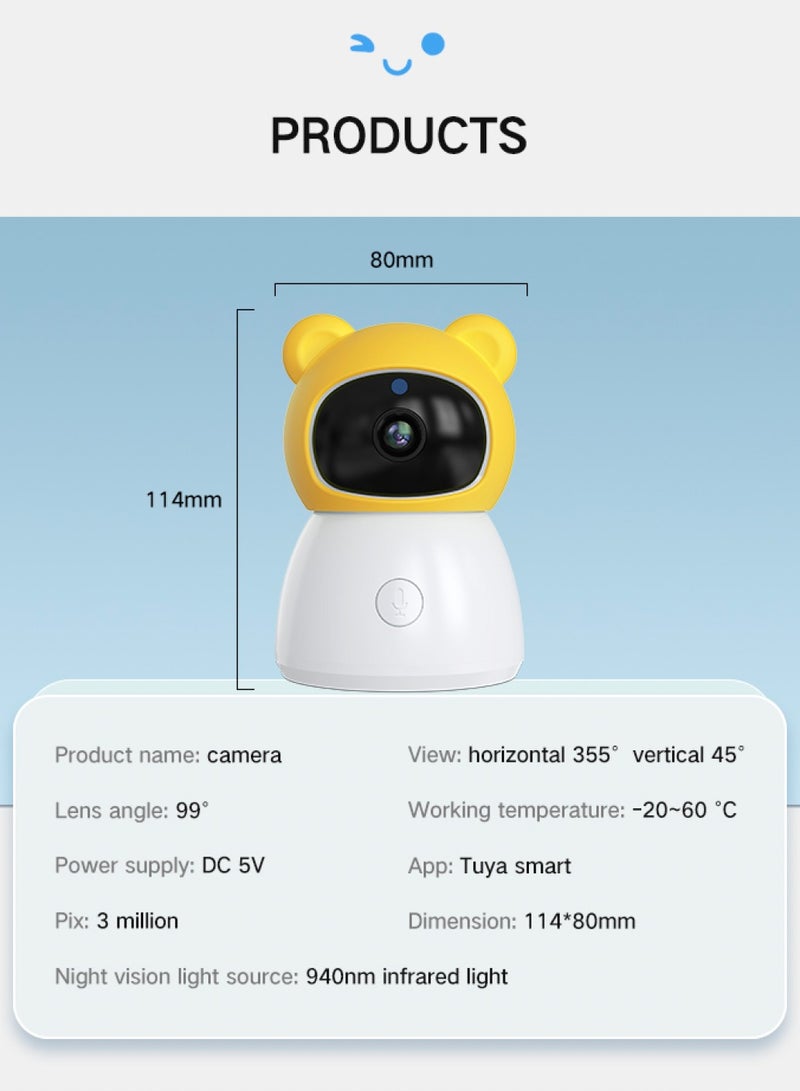 Baby Monitor Toddler Security Portable Wifi Camera Smart Control Wireless Remote Access 1080P Video Rotation Digital Two-way Audio, 5 inch HD Screen Display, Vox Mode Infrared Night Vision Teddy Webcam( Honey Yellow Bear)