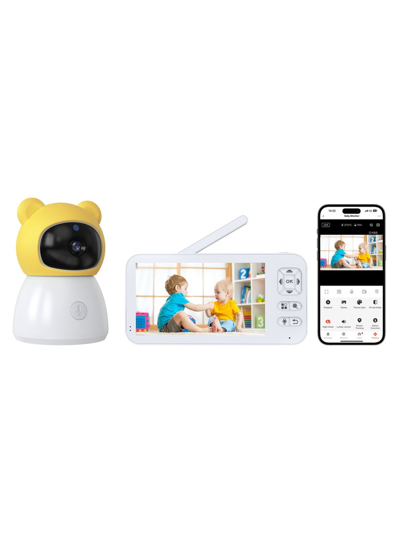 Baby Monitor Toddler Security Portable Wifi Camera Smart Control Wireless Remote Access 1080P Video Rotation Digital Two-way Audio, 5 inch HD Screen Display, Vox Mode Infrared Night Vision Teddy Webcam( Honey Yellow Bear)