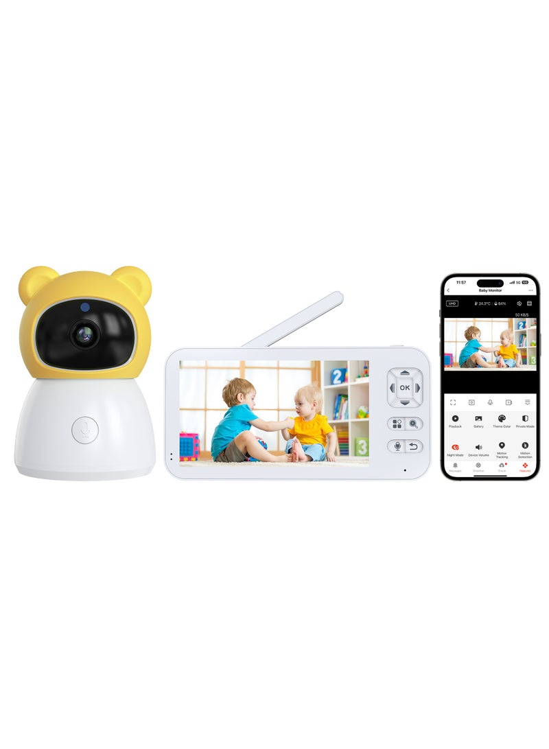 Baby Monitor Toddler Security Portable Wifi Camera Smart Control Wireless Remote Access 1080P Video Rotation Digital Two-way Audio, 5 inch HD Screen Display, Vox Mode Infrared Night Vision Teddy Webcam( Honey Yellow Bear)