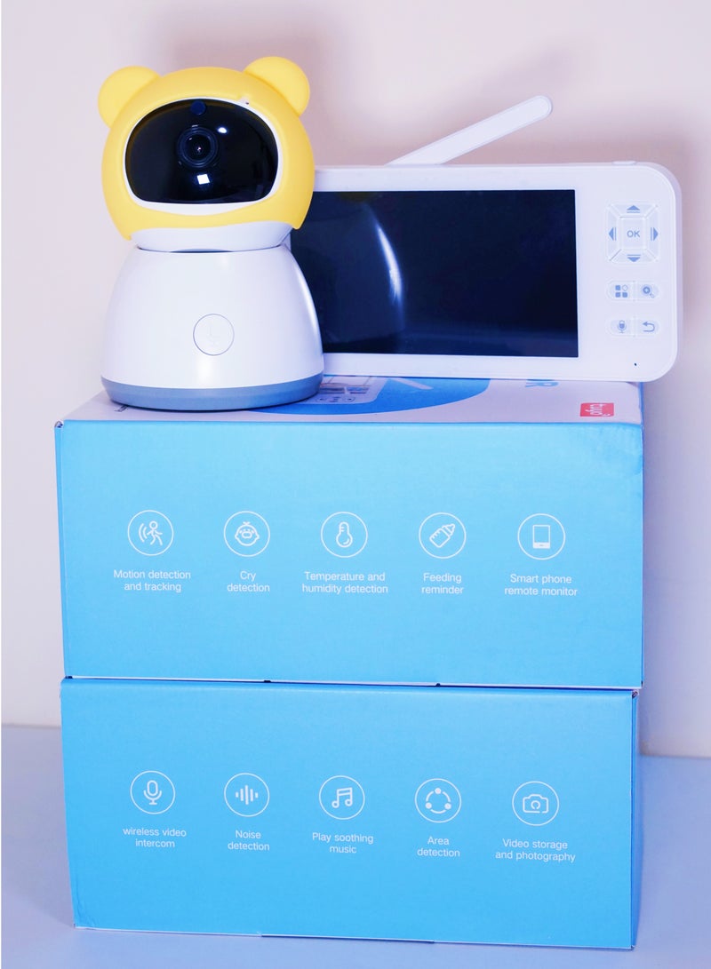 Baby Monitor Toddler Security Portable Wifi Camera Smart Control Wireless Remote Access 1080P Video Rotation Digital Two-way Audio, 5 inch HD Screen Display, Vox Mode Infrared Night Vision Teddy Webcam( Honey Yellow Bear)