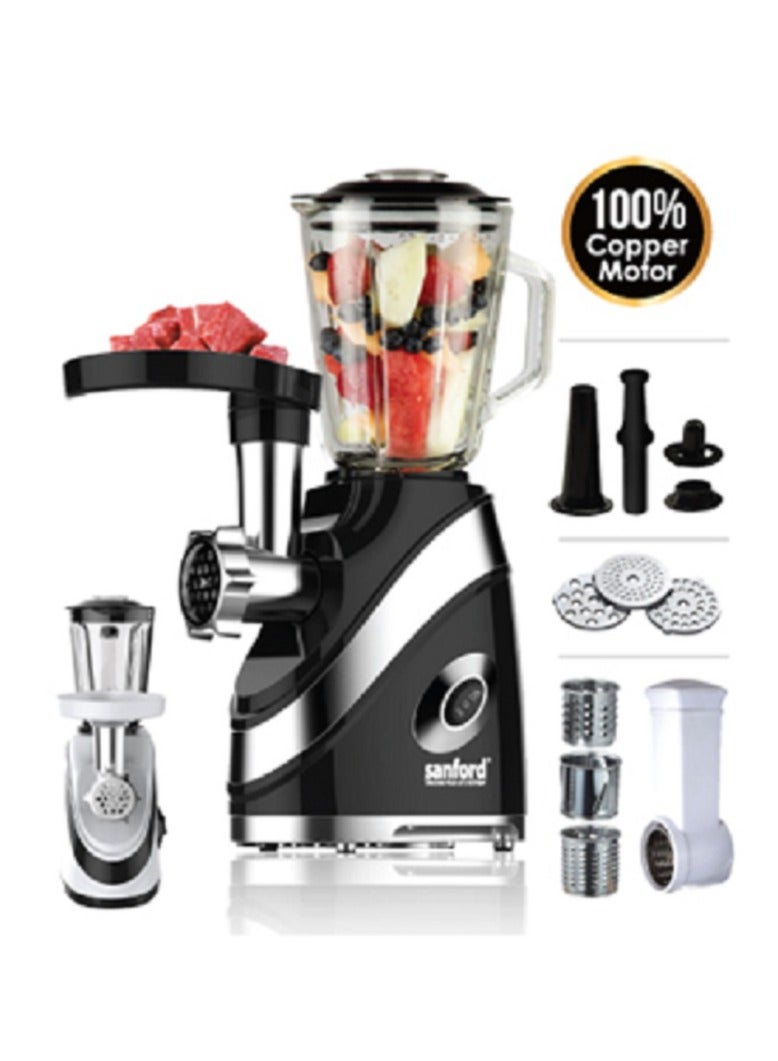 Sanford SF5860MG 3-in-1 Multifunctional Blender with Meat Grinder & Vegetable Slicer - 1.5L Glass Jar (6.5mm Thickness), Maximum 1000W Motor Power, 100% Copper Motor, 15000 RPM