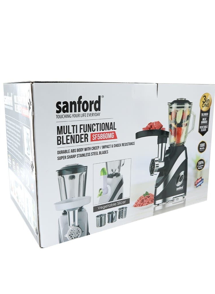 Sanford SF5860MG 3-in-1 Multifunctional Blender with Meat Grinder & Vegetable Slicer - 1.5L Glass Jar (6.5mm Thickness), Maximum 1000W Motor Power, 100% Copper Motor, 15000 RPM