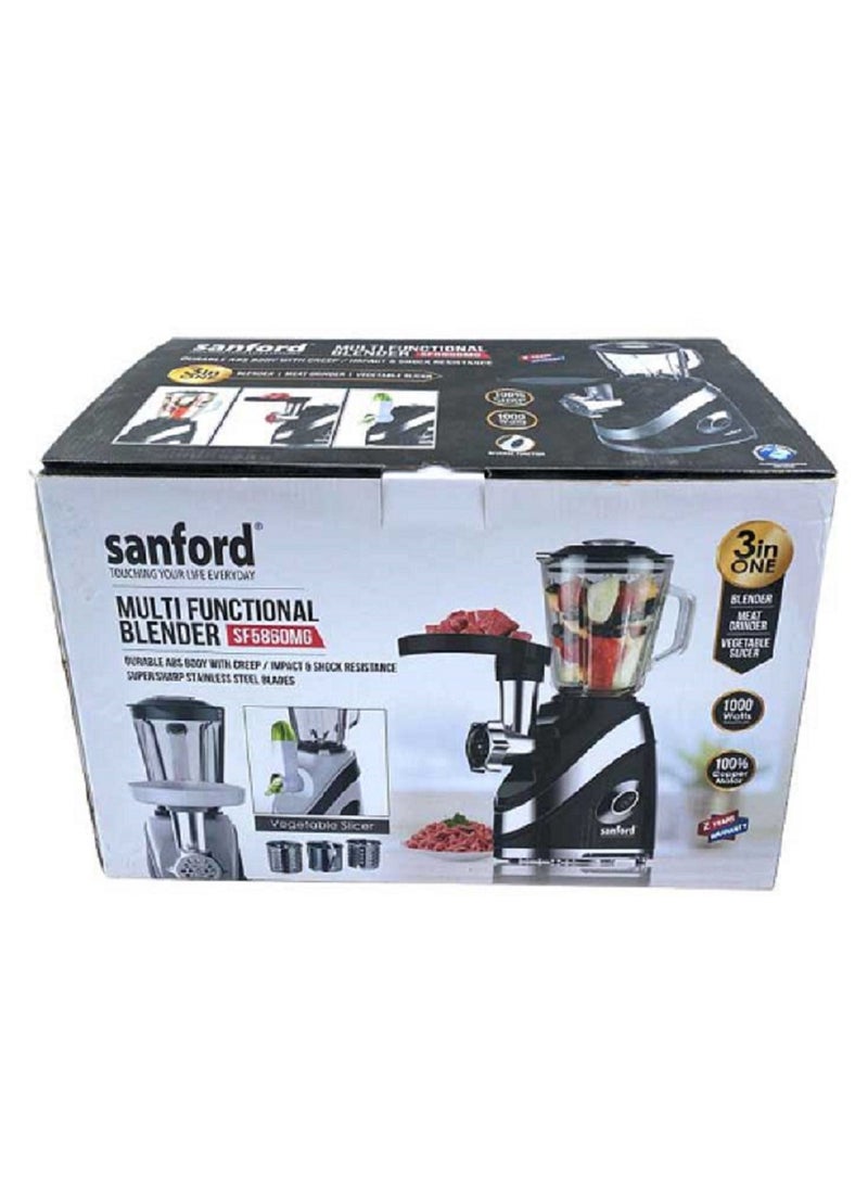 Sanford SF5860MG 3-in-1 Multifunctional Blender with Meat Grinder & Vegetable Slicer - 1.5L Glass Jar (6.5mm Thickness), Maximum 1000W Motor Power, 100% Copper Motor, 15000 RPM