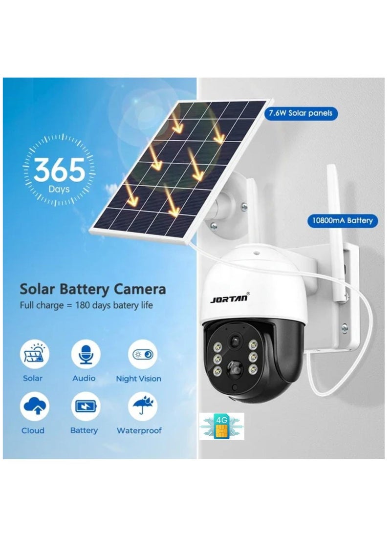 JORTAN 6MP 4G Wireless Solar Outdoor Camera, Color Night Vision, IP66 Weatherproof, Motion Detection, Motion Tracking, Two Way Talking, 10800 mAh Big Battery, 8 Watt Solar Panel, 24/7 Recording.