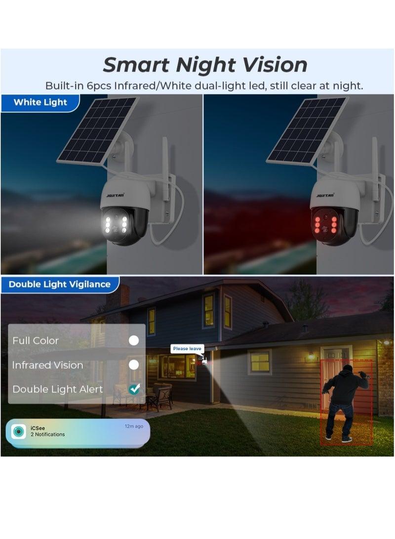 JORTAN 6MP 4G Wireless Solar Outdoor Camera, Color Night Vision, IP66 Weatherproof, Motion Detection, Motion Tracking, Two Way Talking, 10800 mAh Big Battery, 8 Watt Solar Panel, 24/7 Recording.