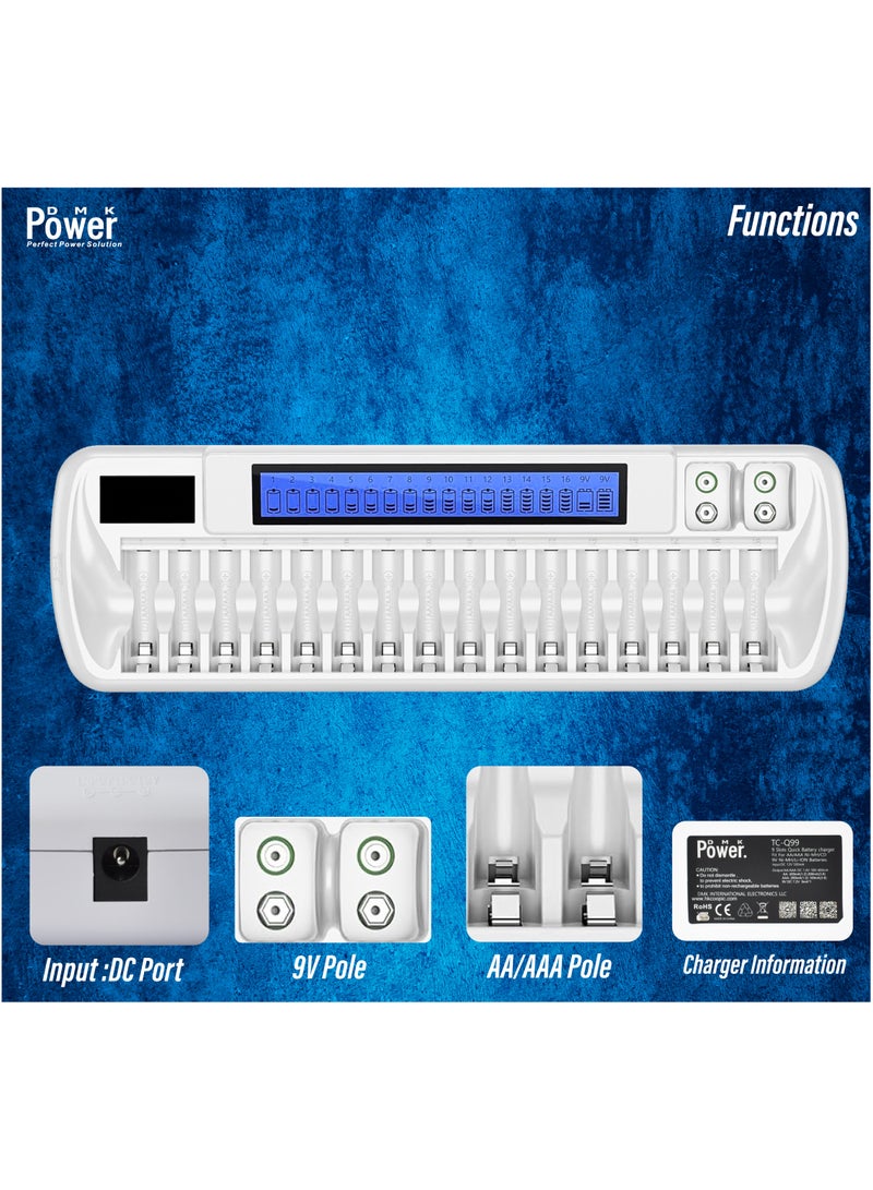 DMK Power TC-Q189 16 + 2 Slot Battery Charger for AA AAA Ni-MH Ni-CD 9V Li-ion Batteries - DC 12.5V Input, Fast Charging, Intelligent Protection.