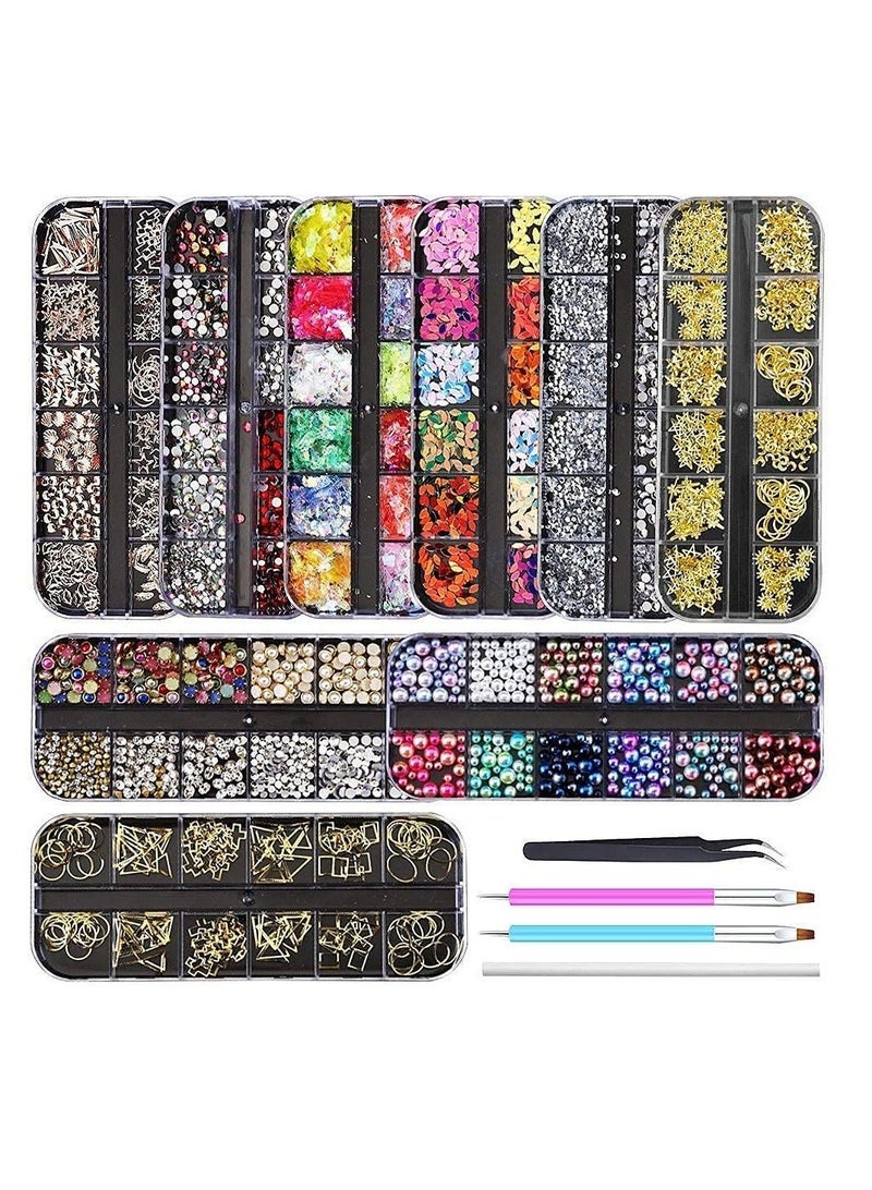 9 boxes Nail RhinestonesNail Gems DiamondsNail Art Studs Crystals Sequins for Nails Kit with 1 Tweezers and 3 Pen Supplies Accessories
