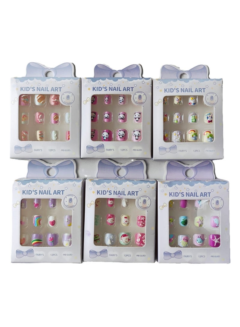 72 pcs 6 pack Children Nails Press on Pre-glue Full Cover Glitter Heart Solid Color Short False Nail MQZONE Kits Lovely Gift for Children Little Girls Nail Art Decoration （Suit for 3Y to 6Y）