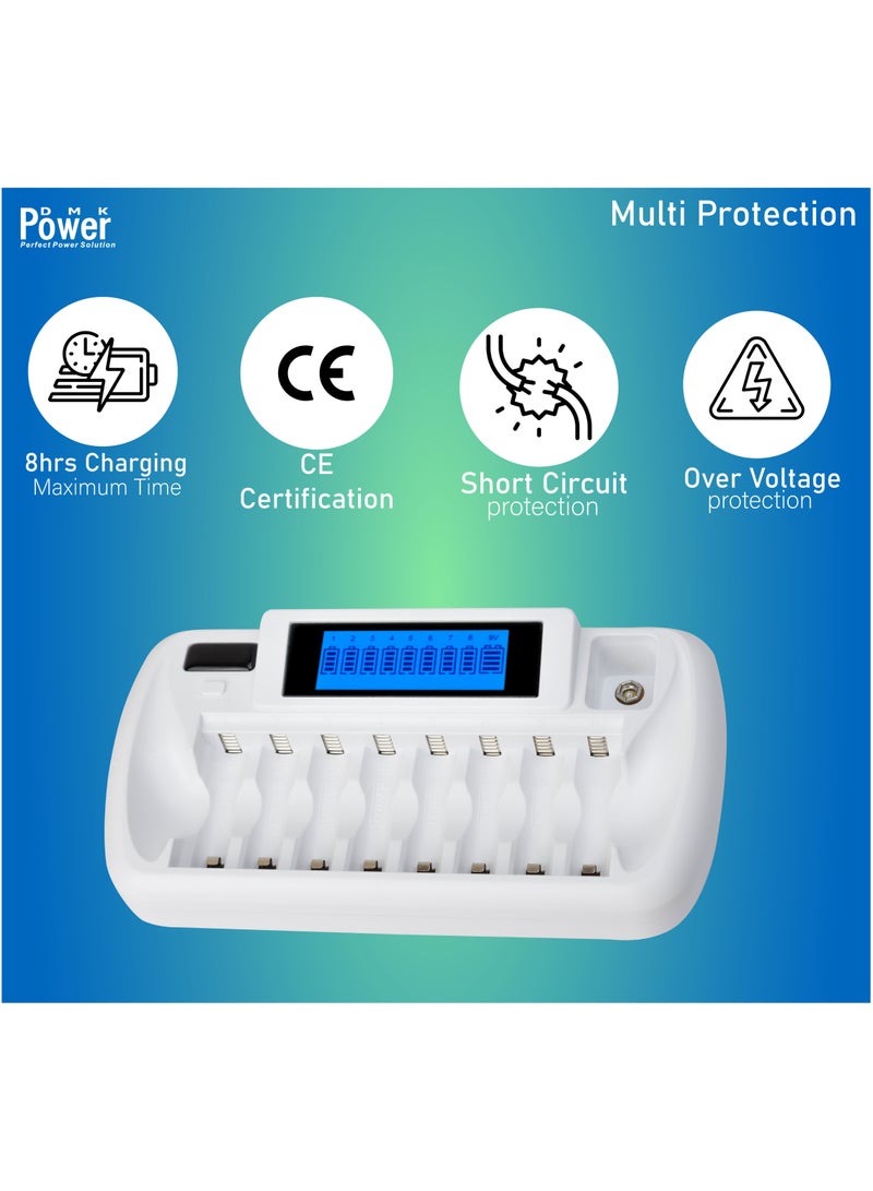 DMK Power TC-Q99 8 + 1 Slot Battery Charger for AA AAA Ni-MH Ni-CD 9V Li-ion Batteries - DC 12V Input, Fast Charging, Intelligent Protection.