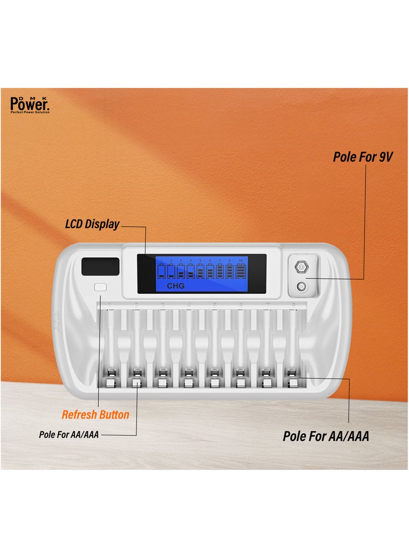 DMK Power TC-Q99 8 + 1 Slot Battery Charger for AA AAA Ni-MH Ni-CD 9V Li-ion Batteries - DC 12V Input, Fast Charging, Intelligent Protection.