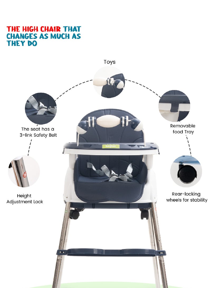 4 In 1 Nora Convertible High Chair For Kids With Adjustable Height, Footrest, Tray And Safety Belt, 6 Months To 4 Years, Dark Blue