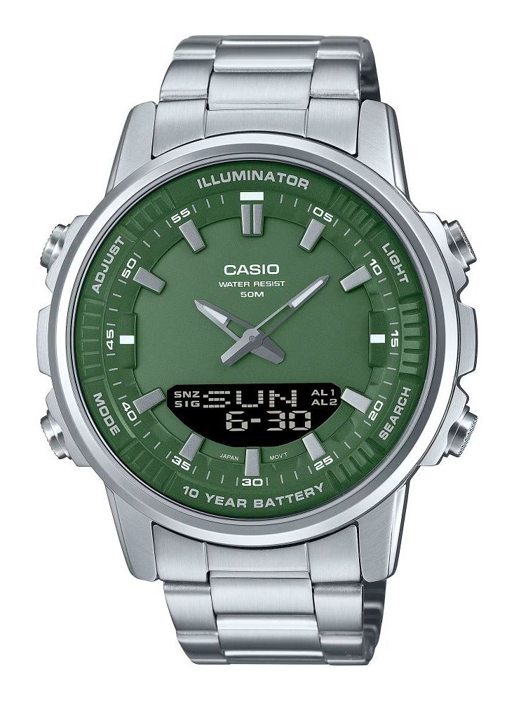 Analog & Digital Stainless Steel Silver Band Green Dial Quartz Wrist Watch For Men's AMW-880D-3A -52mm silver