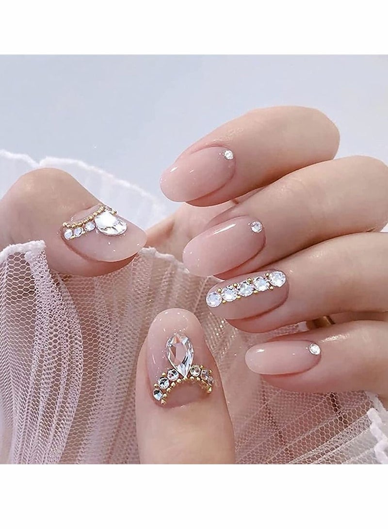 Press on Nails Short with Rhinestone, 24 Pcs French Tip Fake Coffin Nails, Ballerina False Natural Manicure Acrylic Glue for Women and Girls