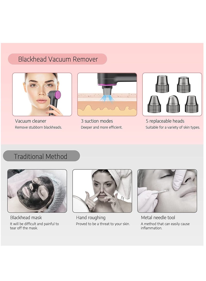Blackhead Remover Pore Vacuum - Upgraded Facial Extractor with Hot Compress Mode, Electric Cleaner 5 Suction Head, Gray