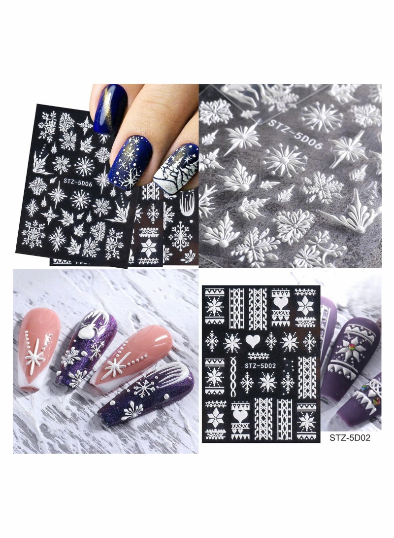 Snowflake Nail Art Sticker Decals 5D Embossed White Self Adhesive Supplies Decoration Lattice Elk Classic Autumn Winter Acrylic Nails Design 8 Sheets