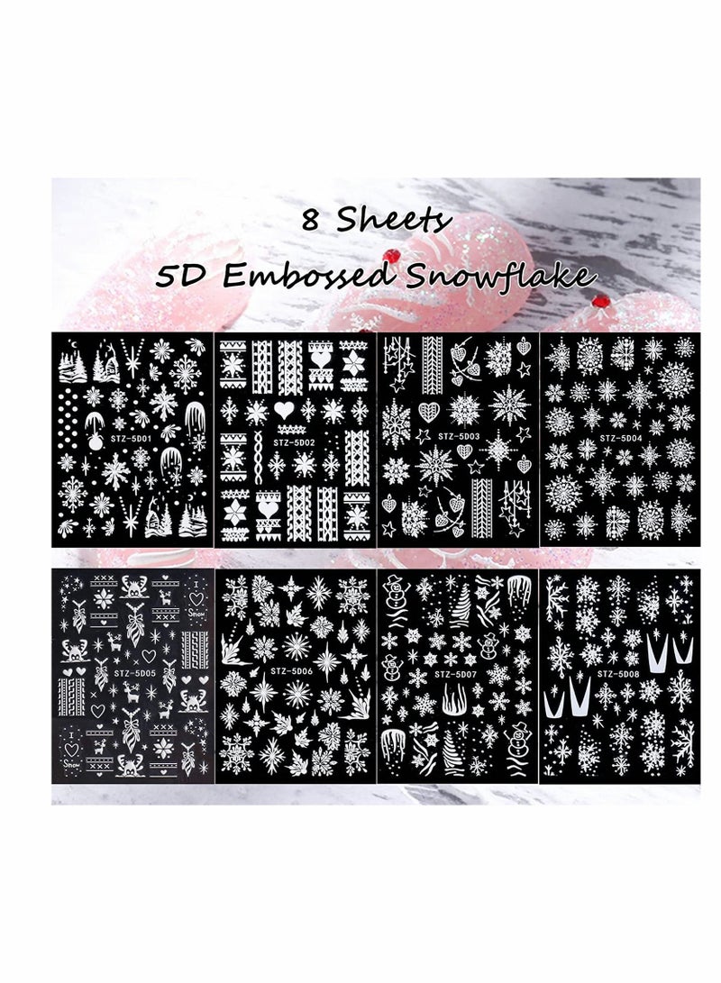 Snowflake Nail Art Sticker Decals 5D Embossed White Self Adhesive Supplies Decoration Lattice Elk Classic Autumn Winter Acrylic Nails Design 8 Sheets