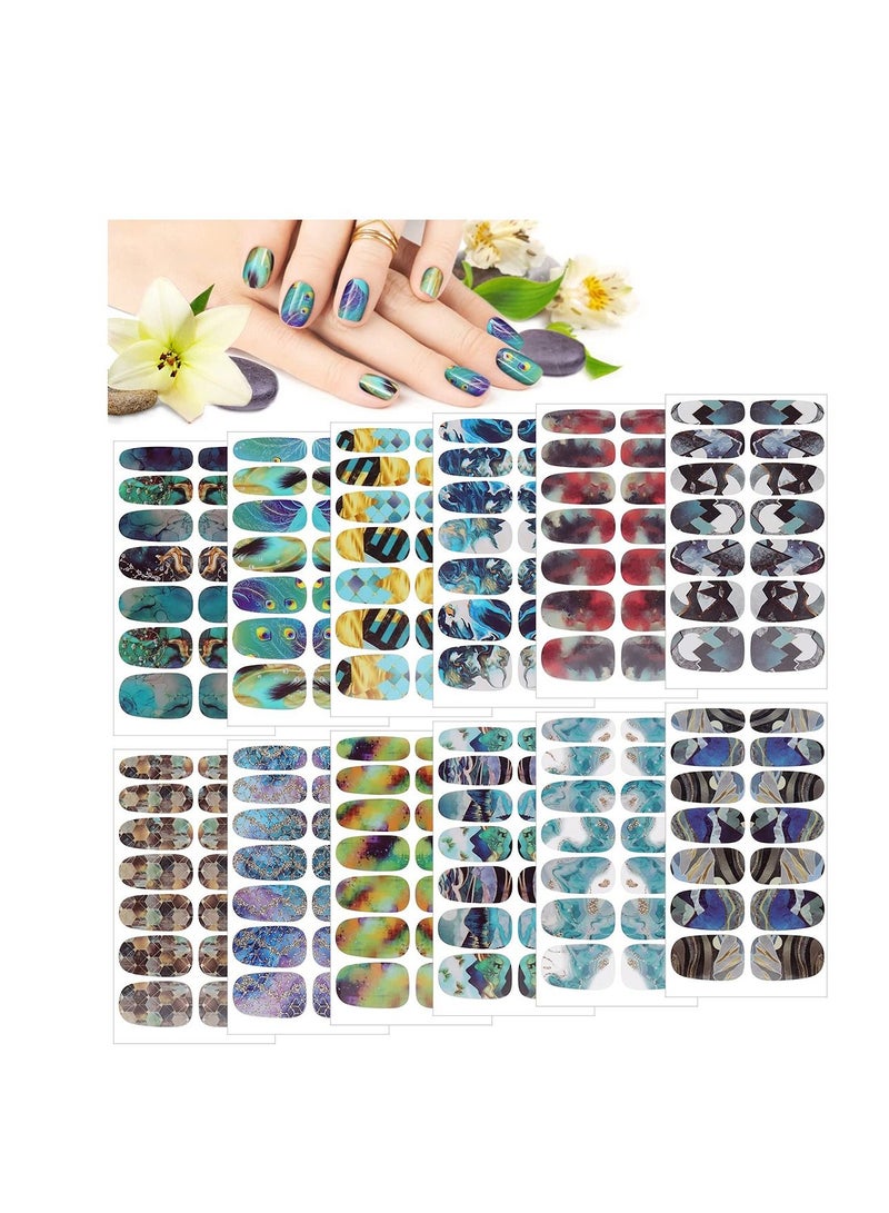 Marble Nail Art Polish Stickers Full Wrap Strips 12 Sheets, Self-Adhesive Decal Printed Wraps Decals for Women Girls