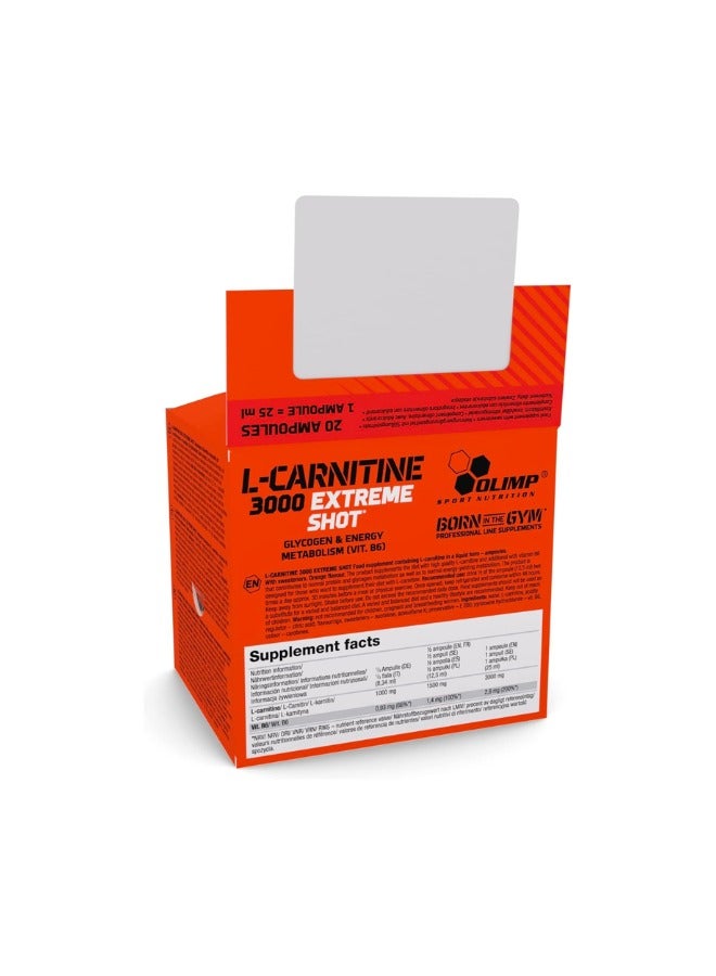 L-Carnitine 3000 Extreme Shot, Orange Flavour, 25ml, 20 Pieces