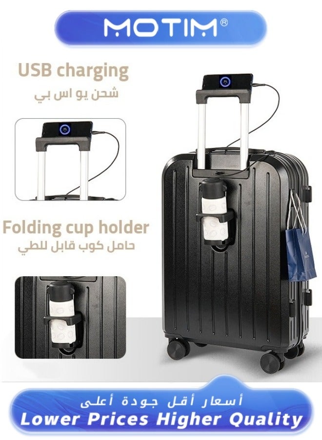 Travel Luggage Carry On Luggage with Spinner Wheels Aluminum Framed Carry On Suitcase with USB Port & Cup Holder & Phone Holder Large Checked-in Luggage