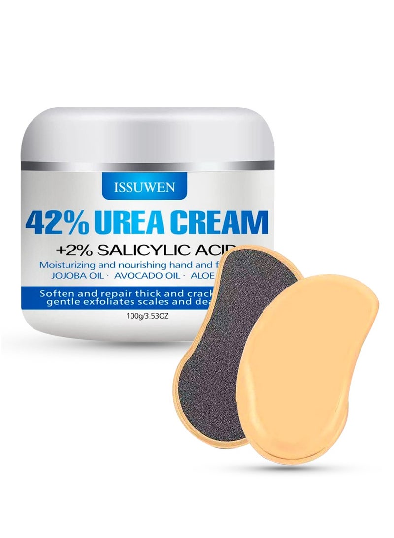 42% Urea Foot Cream with Foot File Salicylic Acid Callus and Dead Skin Remover for Feet Deeply Moisturizes Repairs Dry Cracked Rough Heels Elbow and Knee 100g Urea Cream with Singal Piece Foot File