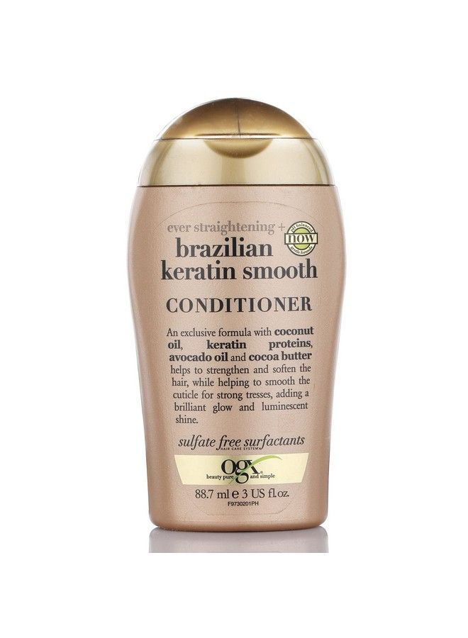 Travel Ever Straightening Brazilian Keratin Smooth Conditioner; Coconut Oil Keratin Proteins Avocado Oil & Cocoa Butter For Dry Curly Frizzy & Fine Hair Sulfate Free 88.7 Ml