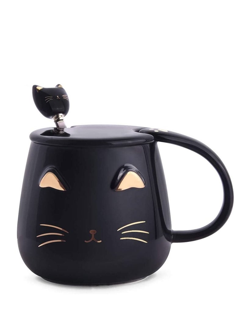 Black Cat Mug, Cute Kitty Ceramic Coffee Mug with Stainless Steel Spoon, Novelty Cup for Lovers Women Girls