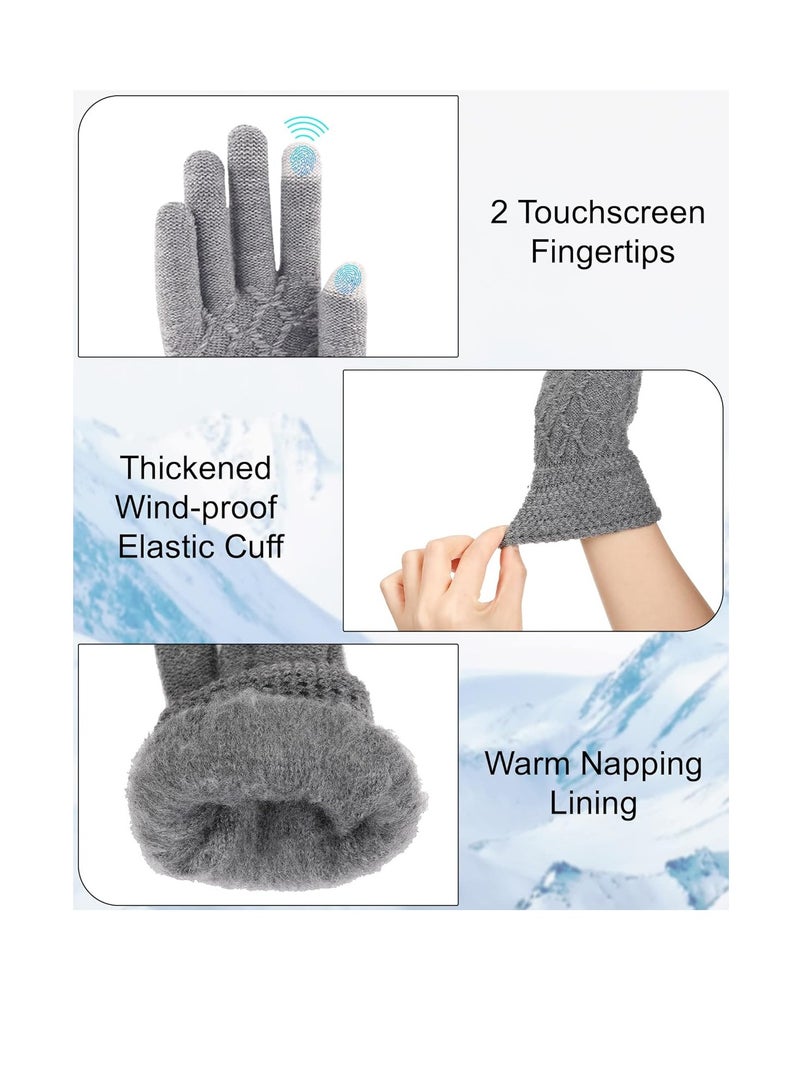 Winter Thermal Touchscreen Gloves, Warm Knit Gloves for Men Women, Thick Fleece Gloves Cycling Gloves with Soft Lining, Elastic Cuff Windproof Outdoors Gloves 2 Pairs