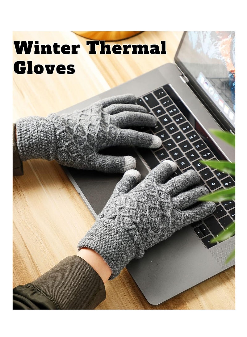 Winter Thermal Touchscreen Gloves, Warm Knit Gloves for Men Women, Thick Fleece Gloves Cycling Gloves with Soft Lining, Elastic Cuff Windproof Outdoors Gloves 2 Pairs