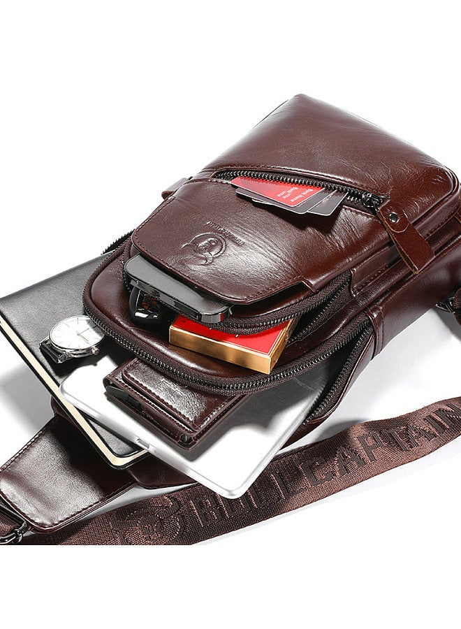 Men Genuine Leather Sling Bag Multi-pocket Chest Bag with USB Charging Port Coffee