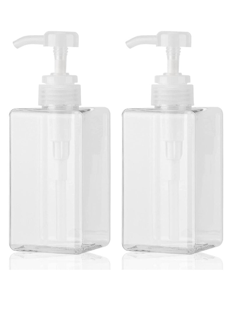 Pump Bottle Dispenser Refillable Square Plastic Lotion Empty for Essential Oil Soap Shampoo, Bathroom Kitchen Travel , 2Pack 450ml Clear