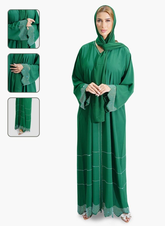 Nadia Laser Cutting Design Abaya - Green Color- Hi-Class New Generation Nida Fabrics & Chiffon  Matching Sheila Included