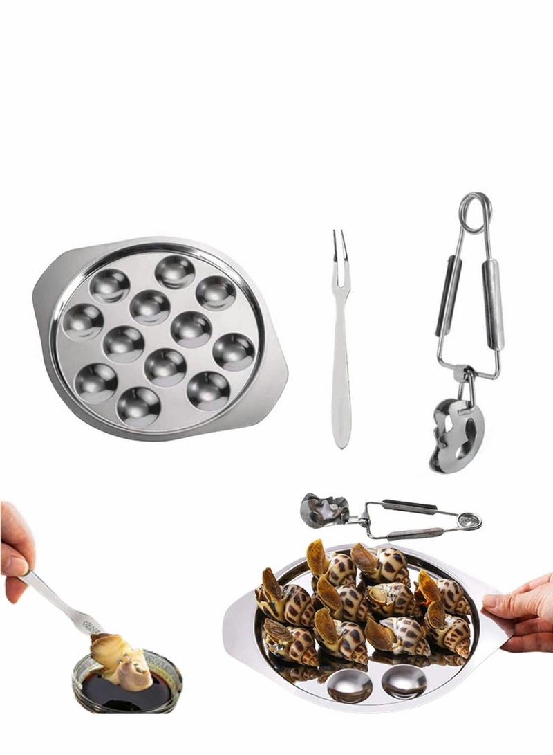Escargot Dining Set, Stainless Steel Tableware Metal Snail Tong 12 Compartment Holes Plate Fork for Home BBQ Restaurant, 2 Set