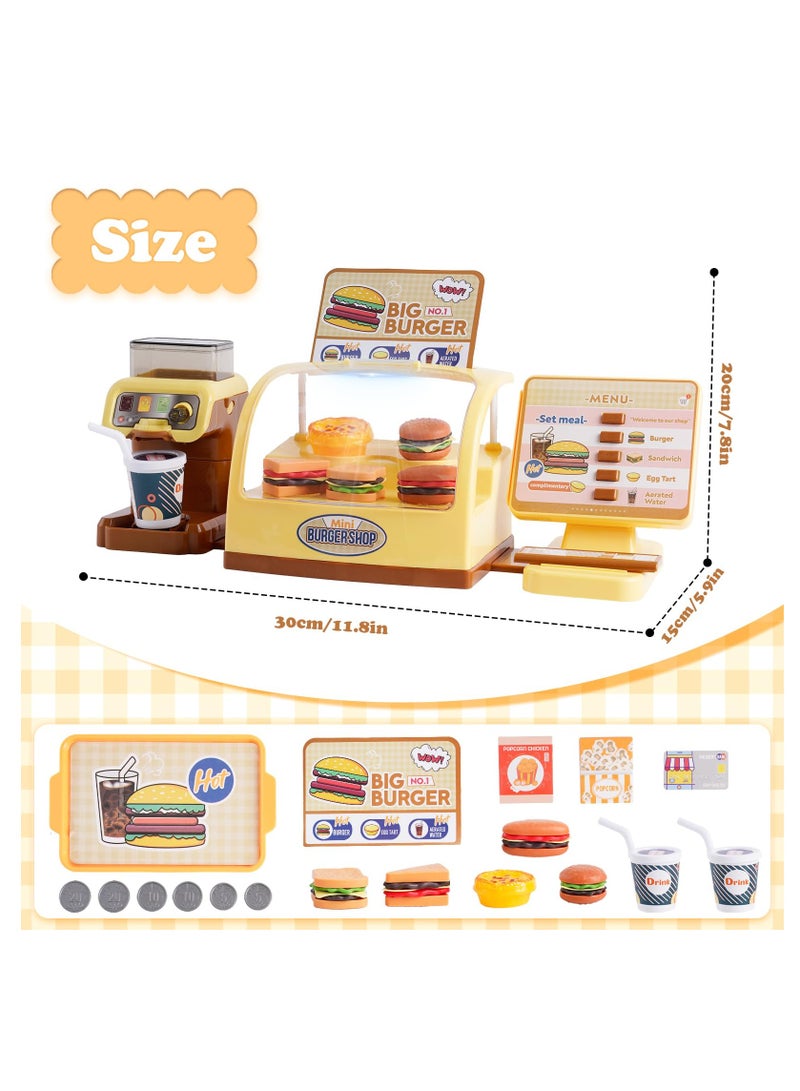 Toy Cash Register for Kids Play Cash Register Toys Play Store with Coffee Machine Hamburger Sandwich Hot Dog Egg Tart Play Money Play Food Pretend Play Set Fast Food Gifts for Girls Boys Kids Ages 3+