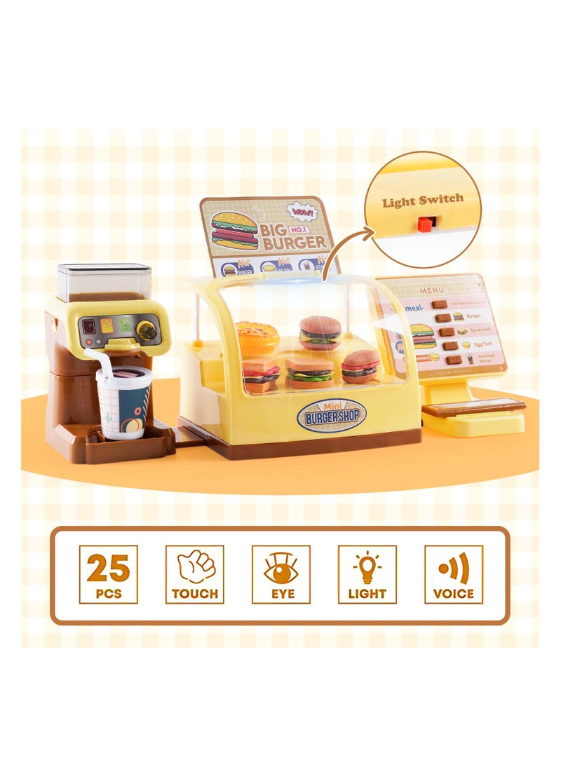 Toy Cash Register for Kids Play Cash Register Toys Play Store with Coffee Machine Hamburger Sandwich Hot Dog Egg Tart Play Money Play Food Pretend Play Set Fast Food Gifts for Girls Boys Kids Ages 3+