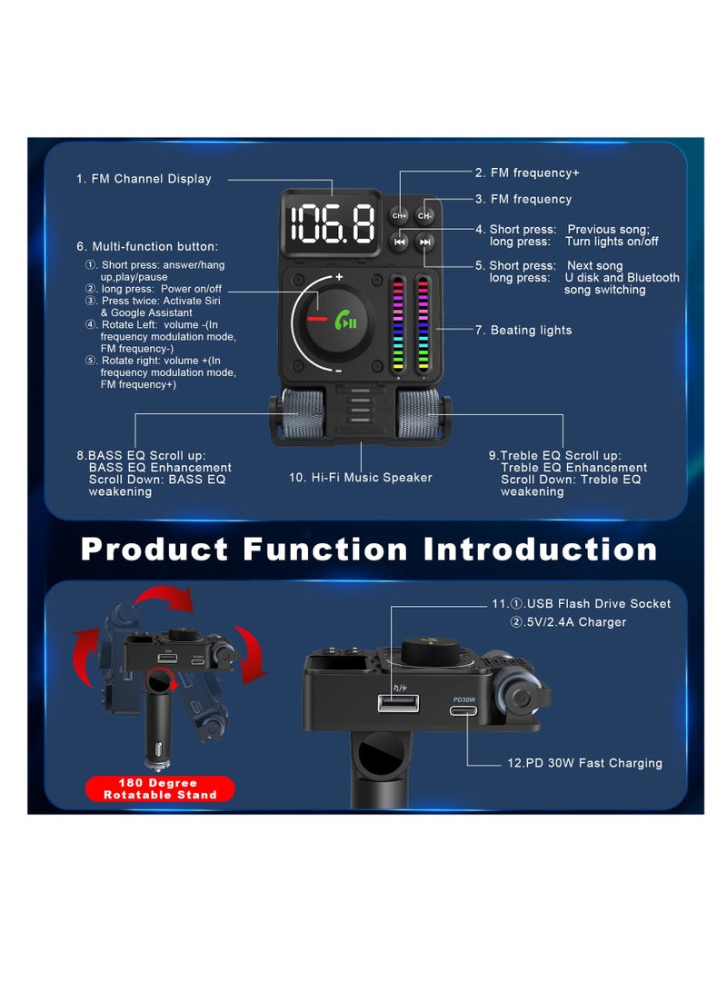 Bluetooth 5.3 FM Transmitter for Car, Bluetooth Car Adapter, PD 30W Type C Fast Charge and USB Port, HiFi Treble & Bass Player, Color Screen,  Music Light Bar, Support Hands-Free Calling