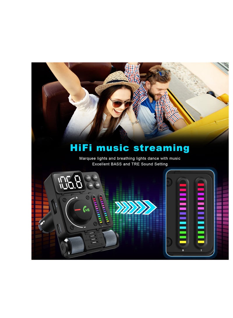 Bluetooth 5.3 FM Transmitter for Car, Bluetooth Car Adapter, PD 30W Type C Fast Charge and USB Port, HiFi Treble & Bass Player, Color Screen,  Music Light Bar, Support Hands-Free Calling