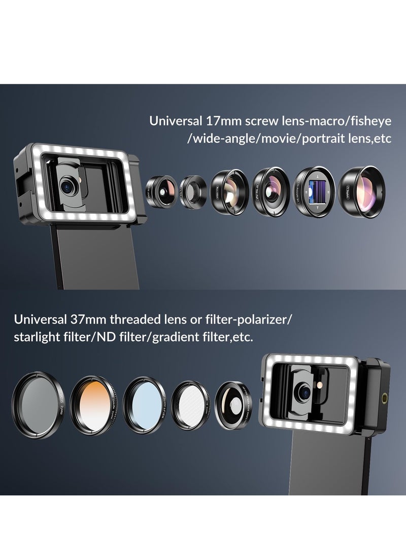 Thread Lens Adapter 17mm+37mm with LED Fill Light, One-Piece Lens Phone Adapter for Android/iPhone, Professional Macro Photography Lens Attachments for Macro/Wide Angle/Flow/Radial/Star Filter/