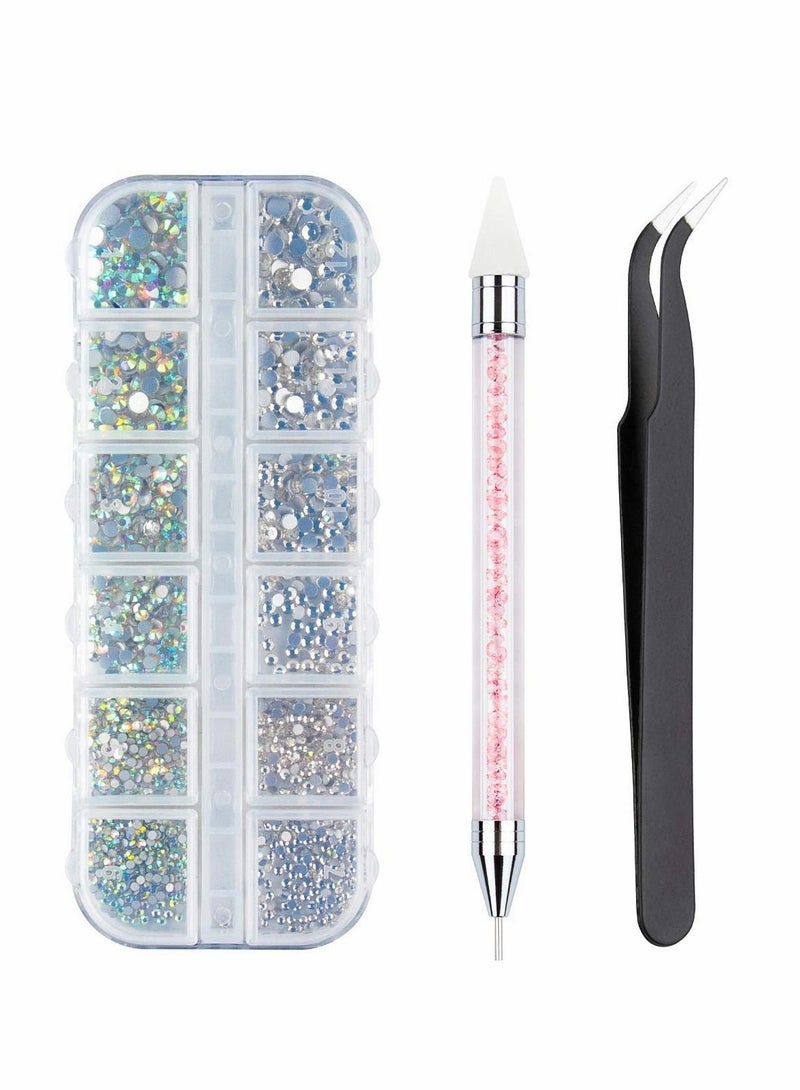 Crystal AB Nail Art Rhinestones Decorations Stones for Supplies and Clear with Pick Up Tweezer Rhinestone Picker Dotting Pen Keep Fresh Never Darken