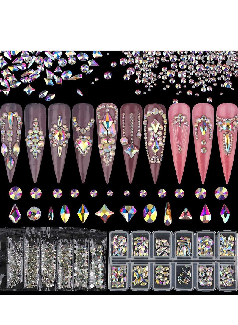 1840pcs Rhinestones Nail Art Set Gems Iridescent Clear Class Multi-Shape Flat Back Shiny Jewels for DIY Crafts Phones Clothes Shoes Jewelry Bag