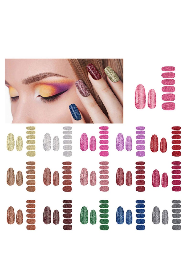 16 Sheets Glitter Nail Wraps Polish Stickers Self Adhesive Design Decals Strips in Solid Colors with 2 Pieces File for Women Girls DIY Manicure Decoration