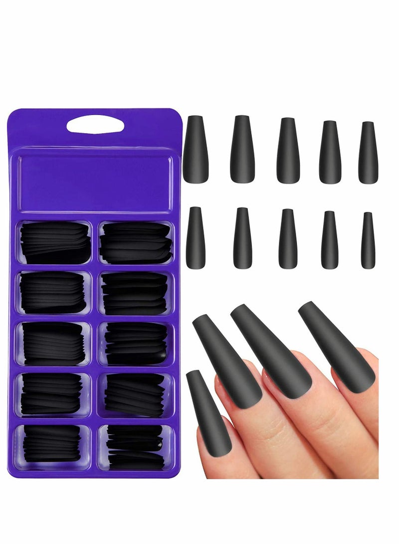 100 Pieces Matte Extra Long Ballerina Press on Nails Coffin False Solid Color Full Cover Fake with Box for Women Girls DIY Nail Decorations (Black)
