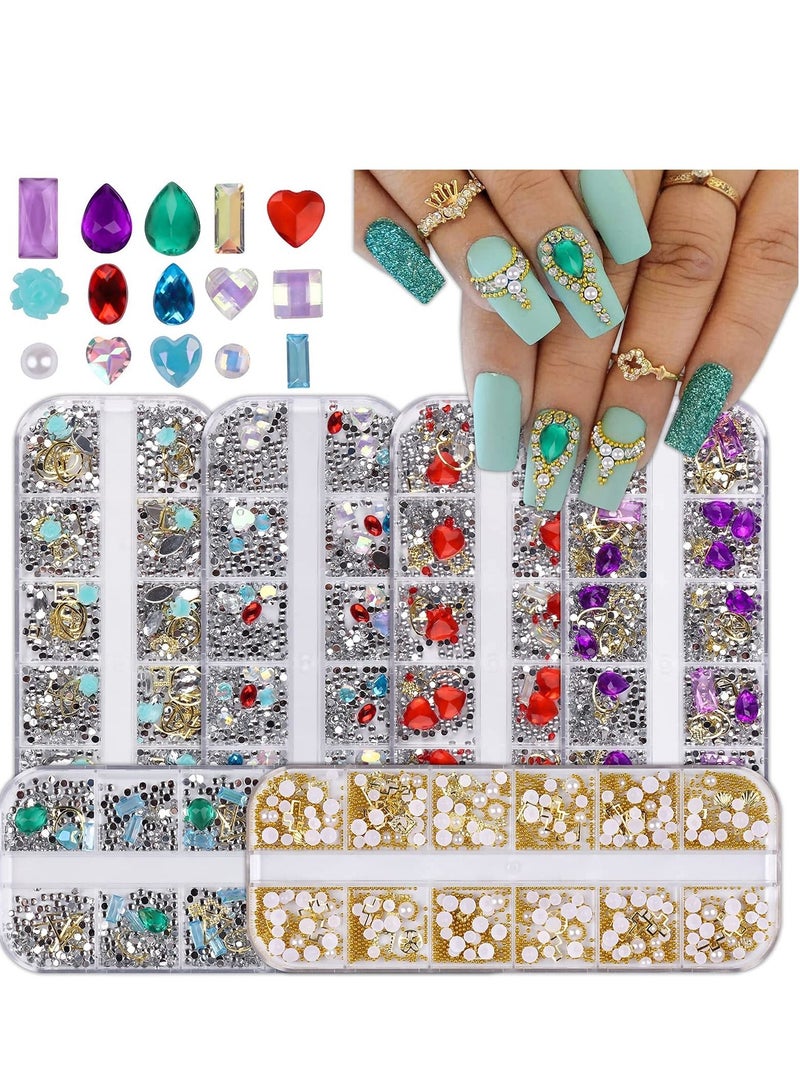 Nail Art Diamonds Rhinestones 3D Mix-shape pearl Crystals Beads Big Gem Jewels Studs Metal Rivets for DIY Design Decorations 6 Boxes
