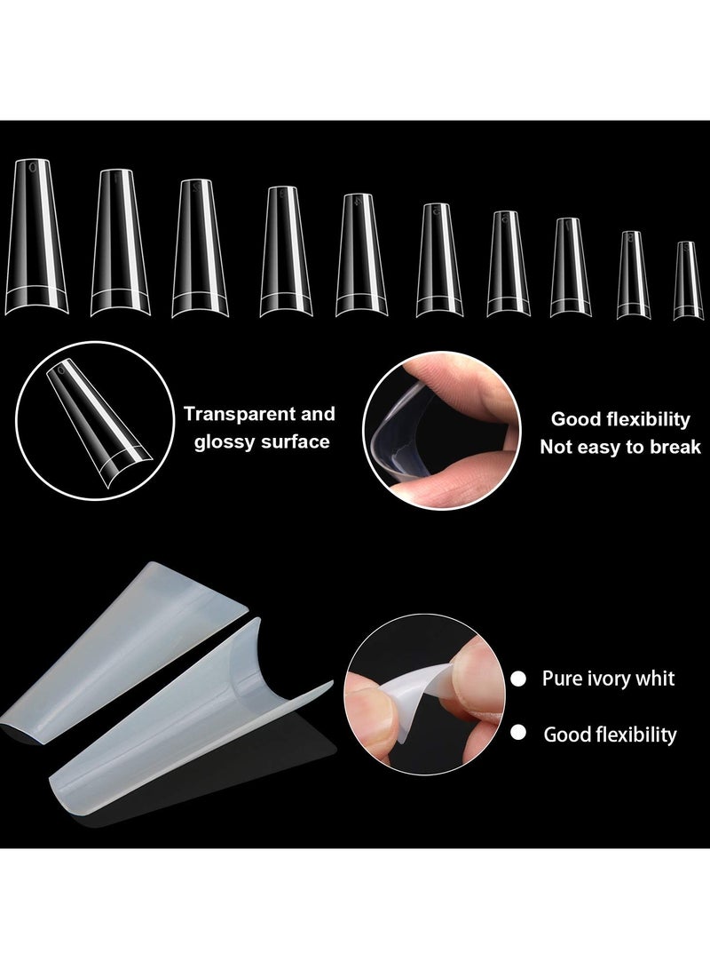 1000PCS Long Stiletto Nail Tips Acrylic Nails Artificial Half False Flake 10sizes with Clear Plastic Cases for Salon Shop Diy Art Ballerina