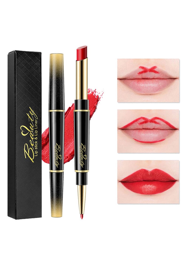 Lip Liner And Lipstick Set,2-in-1 Double Head Matte Cream Lipstick & Lip Liner,Waterproof Sweatproof No Smudge Long-Lasting Moisturizing Smooth Highly Pigmented Makeup Set(Red)
