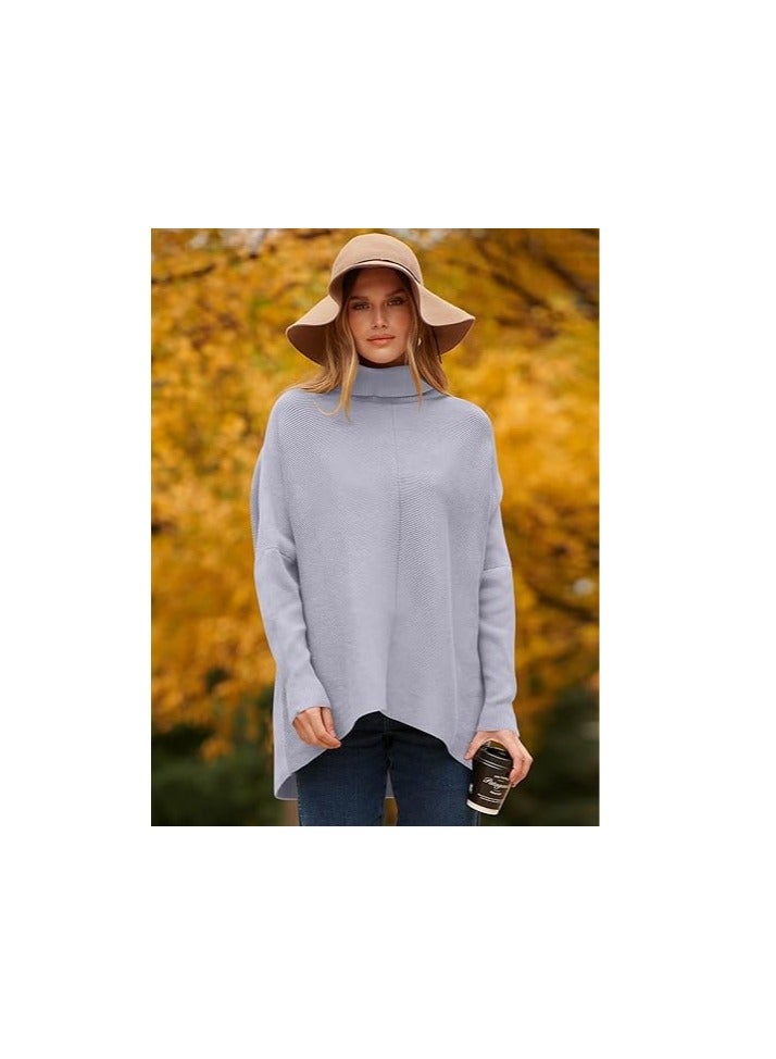 Womens Turtleneck Oversized Sweater 2023 Long Batwing Sleeve Asymmetric Hem Casual Knit Pullover Tunic Sweater